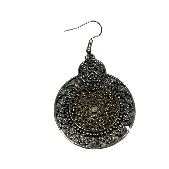 Boho Silver and Gold Round Cut Metal Drop Earrings - Picture 4 of 5